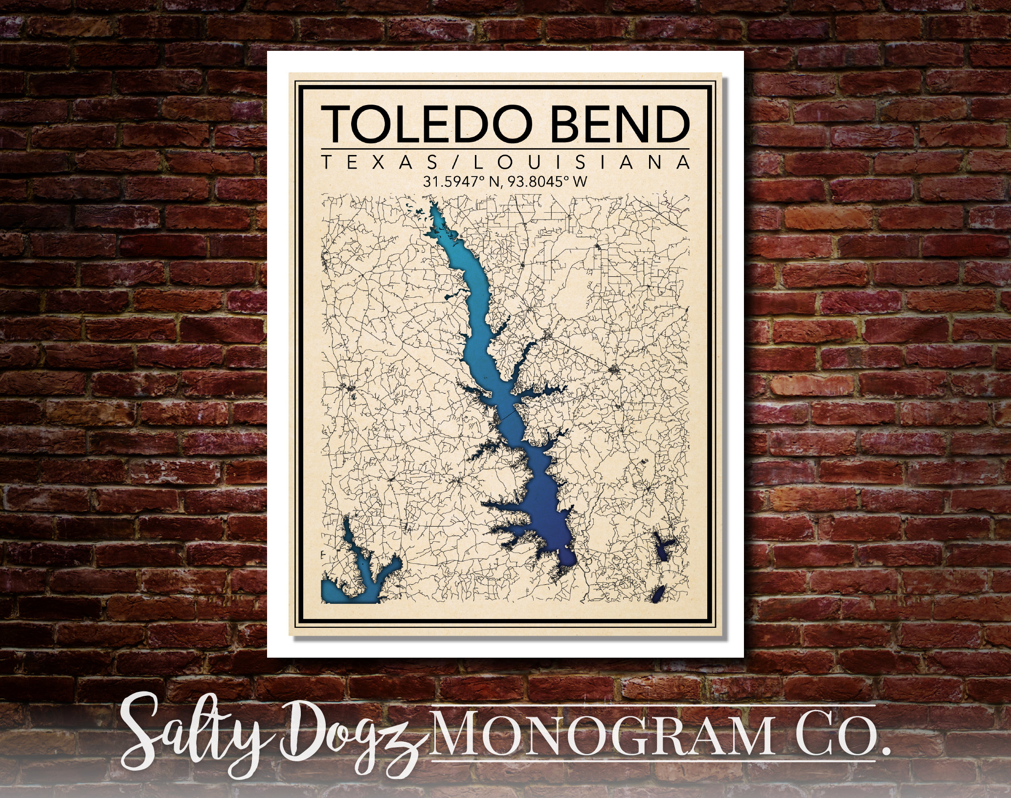 Wall Art Map Print of Toledo Bend Reservoir Texas/louisiana Etsy