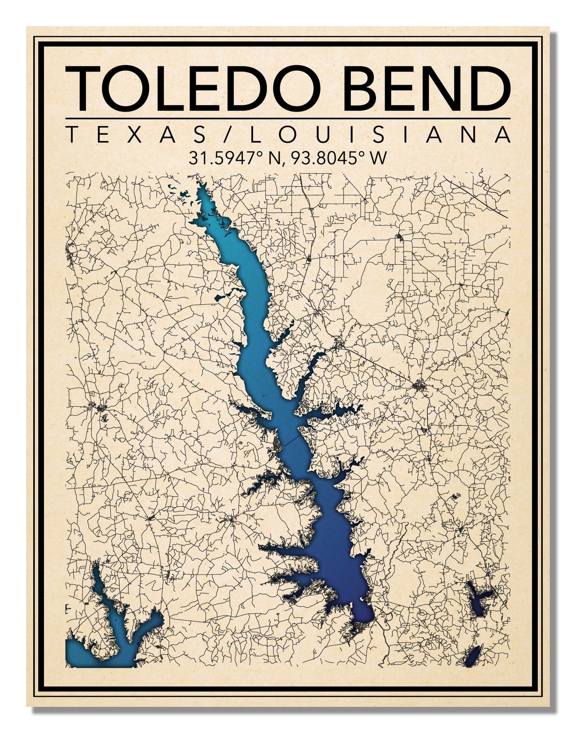 Wall Art Map Print of Toledo Bend Reservoir Texas/louisiana Etsy