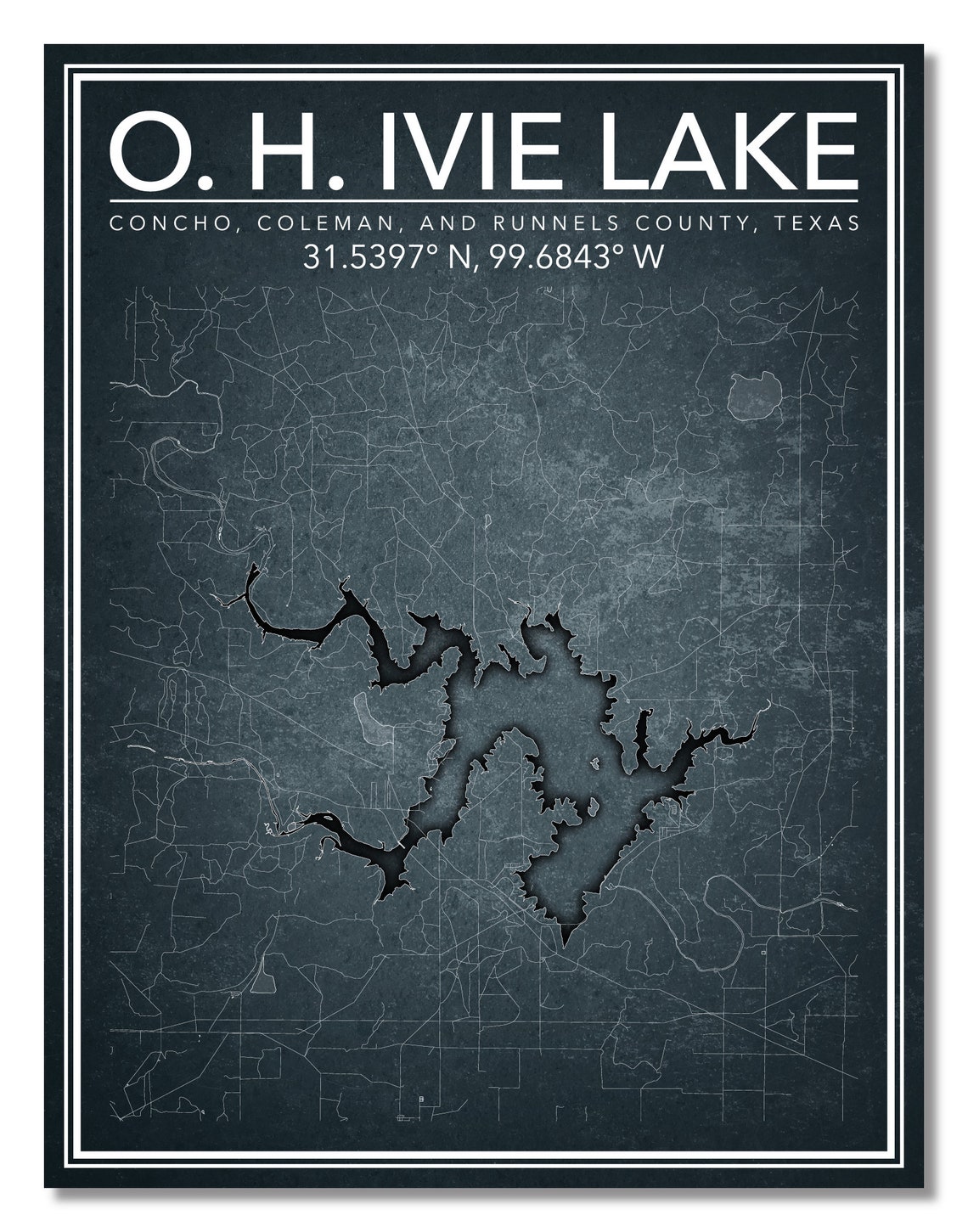 Wall Art Map Print of O. H. Ivie Lake Concho County Texas Etsy