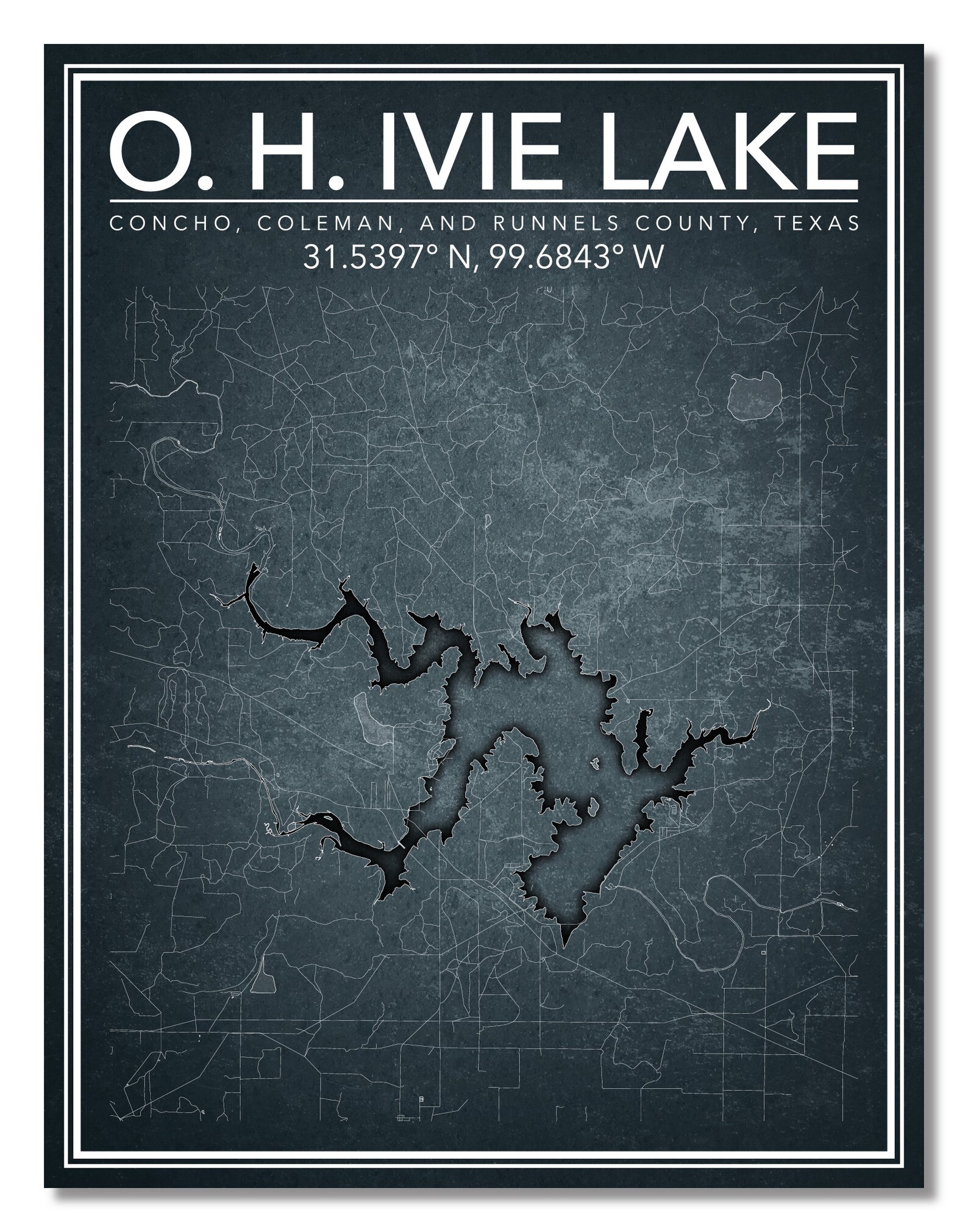 Wall Art Map Print of O. H. Ivie Lake Concho County Texas Etsy