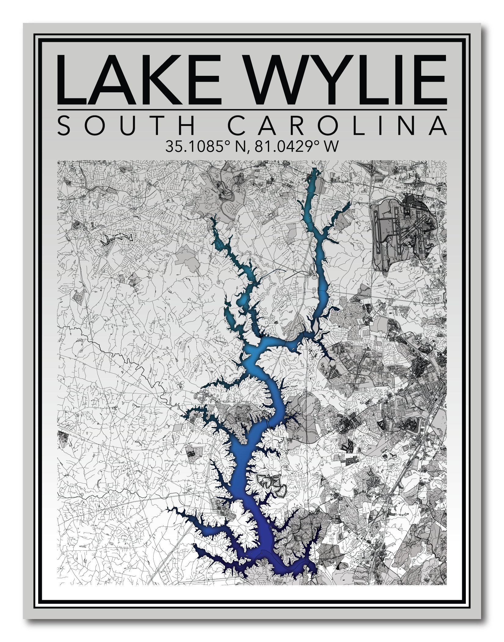 Wall Art Map Print of Lake Wylie South Carolina Etsy