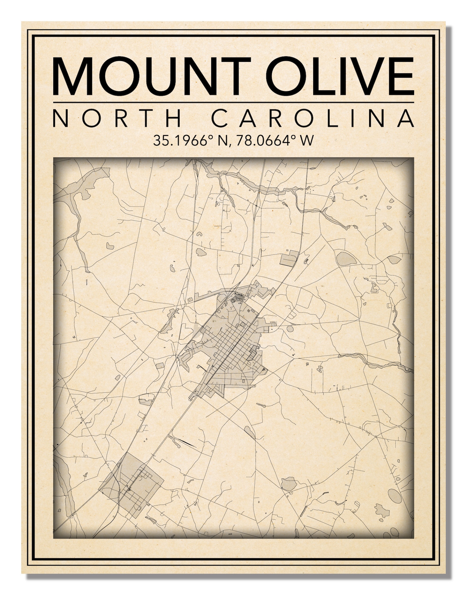 Wall Art Map Print of Mount Olive North Carolina Etsy