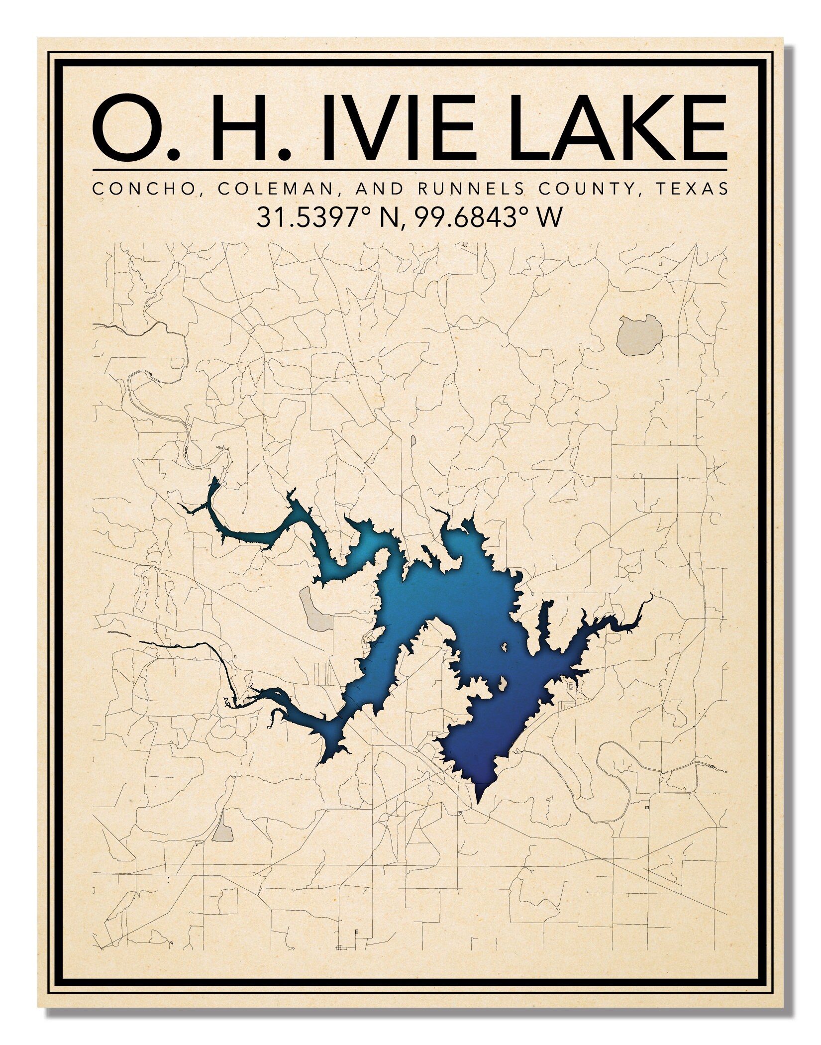 Wall Art Map Print of O. H. Ivie Lake Concho County Texas Etsy