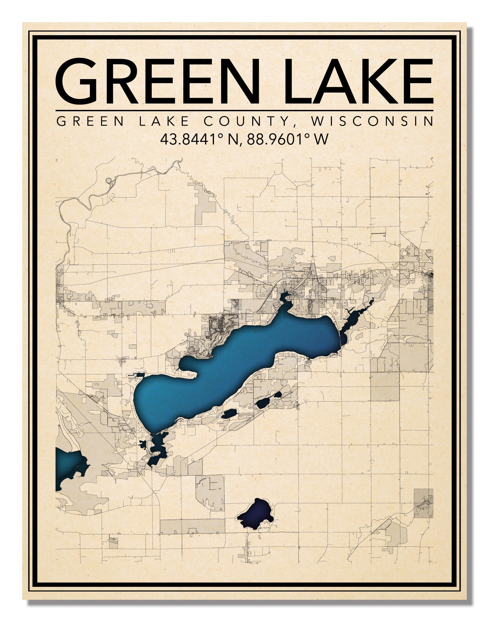 Wall Art Map Print of Green Lake, Wisconsin!!! - Etsy