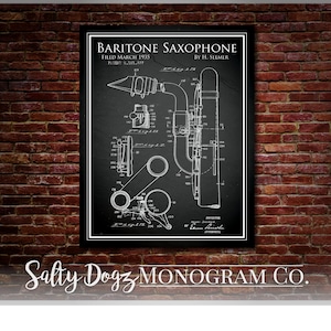 Vintage Baritone Saxophone Patent Print- Teacher Gift- Band Director