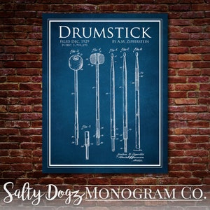 May include: A vintage blueprint style illustration of a drumstick patent. The patent is titled "DRUMSTICK" and was filed in December 1929 by A.M. Zipperstein. The patent number is 1,730,275.