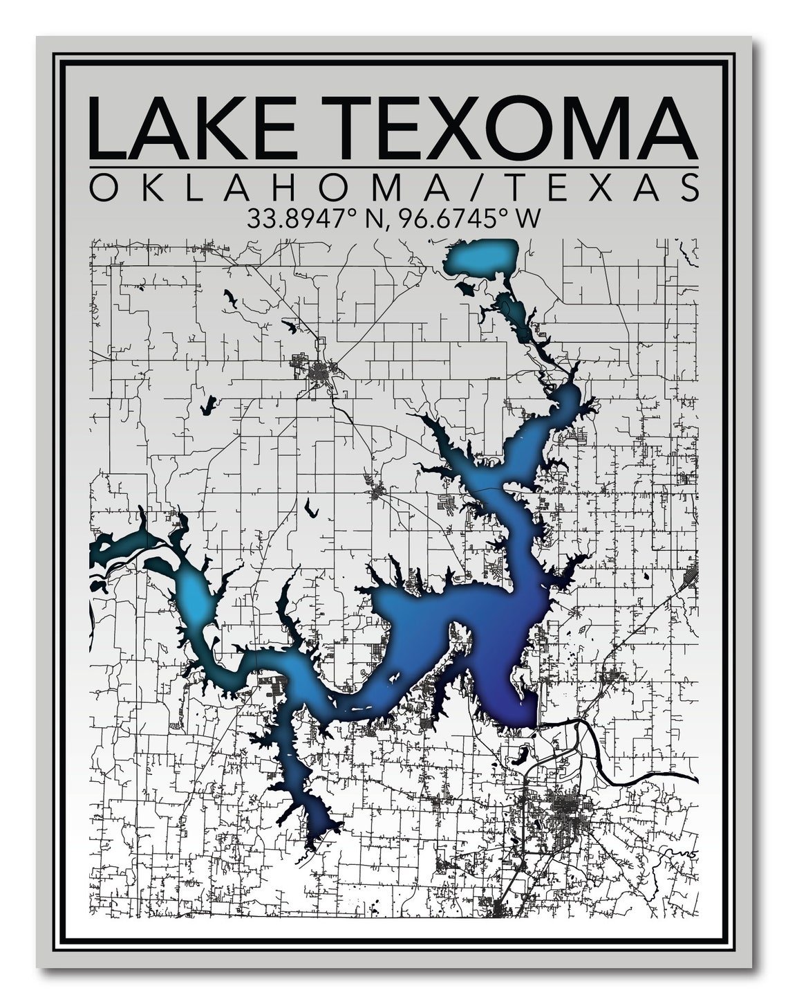 Wall Art Map Print of Lake Texoma Texas Oklahoma Etsy