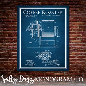 May include: A vintage blueprint style illustration of a coffee roaster patent. The patent is titled "Coffee Roaster" and was filed in December 1895 by Otten & Henneman. The patent number is 550,000.