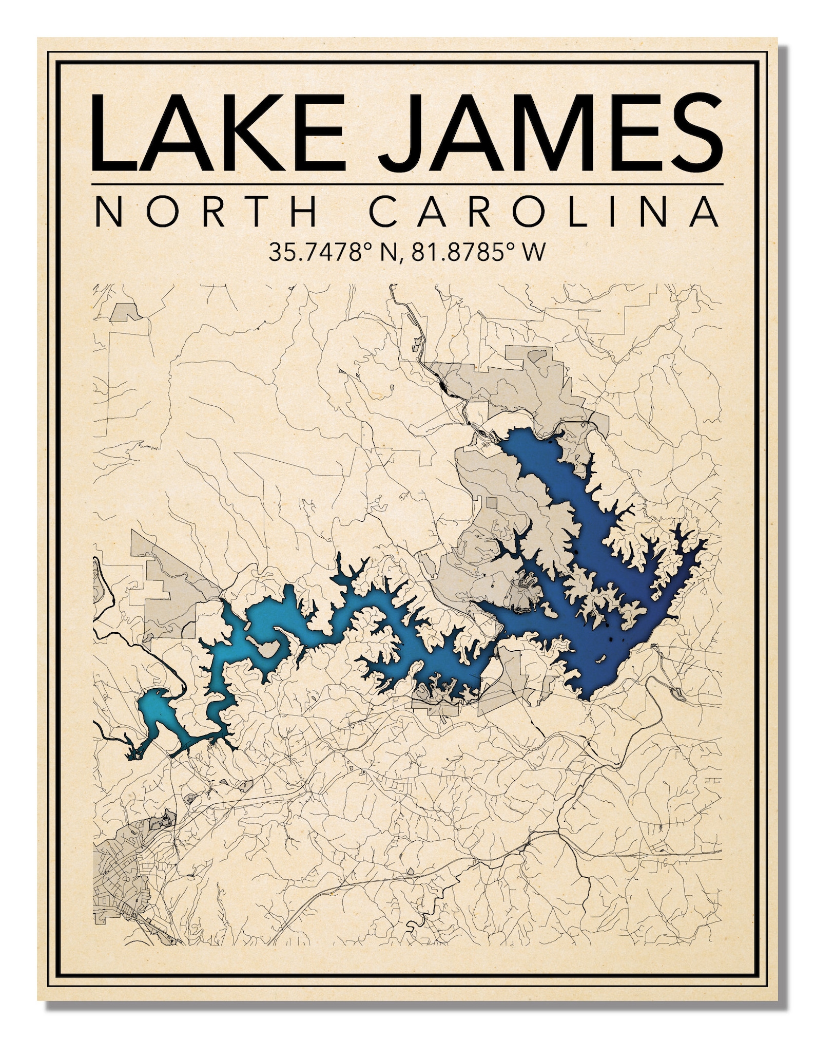 Wall Art Map Print of Lake James North Carolina Etsy