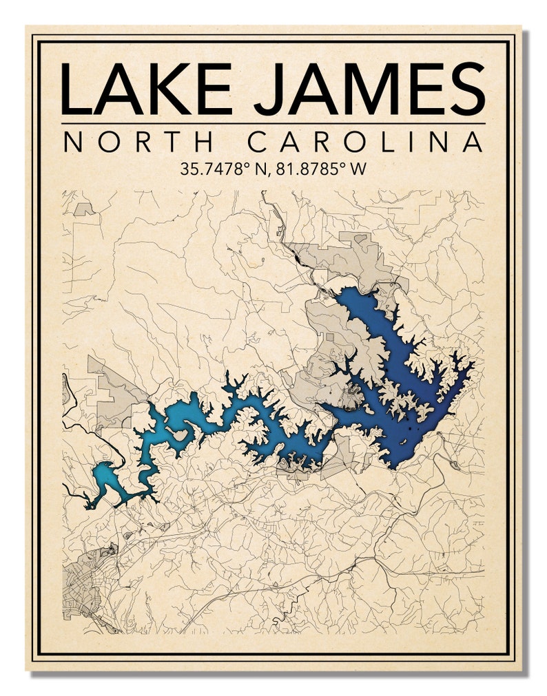 Wall Art Map Print of Lake James North Carolina Etsy
