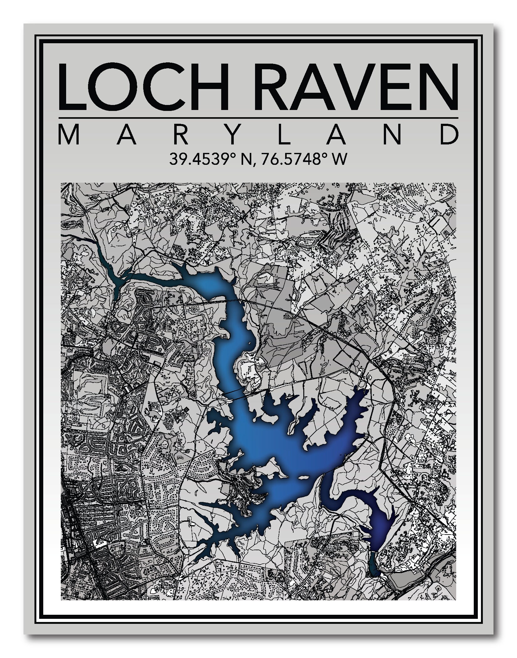 Wall Art Map Print of Loch Raven Reservoir Maryland Etsy