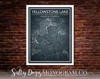 Wall Art Map Print of Yellowstone Lake, Wyoming, Yellowstone National Park!