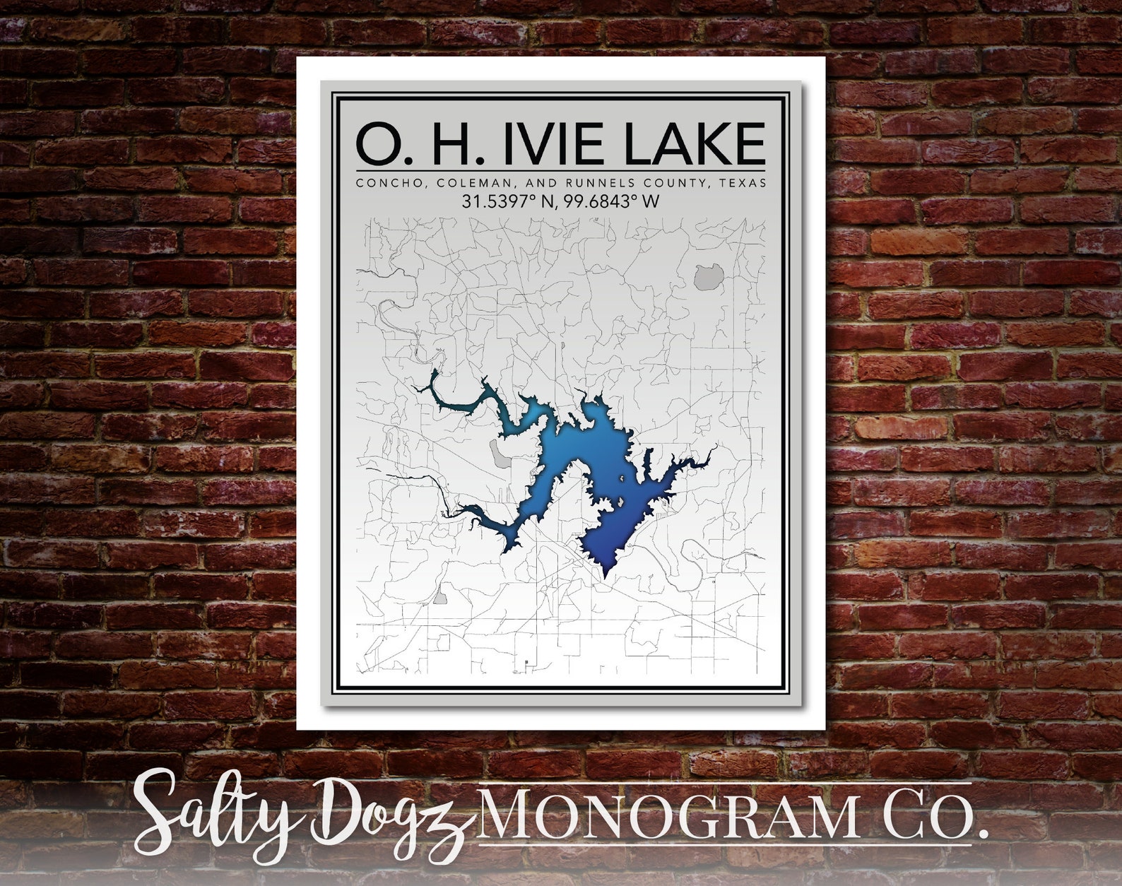 Wall Art Map Print of O. H. Ivie Lake Concho County Texas Etsy