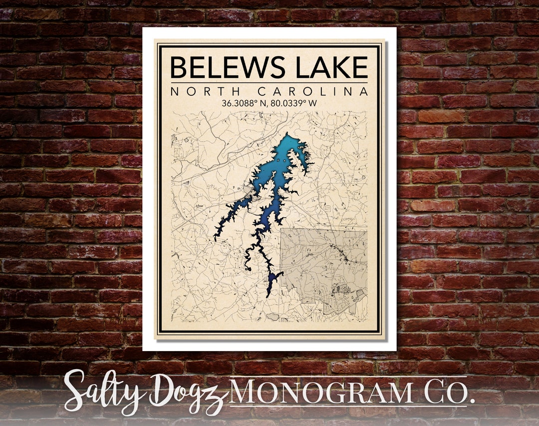 Wall Art Map Print of Belews Lake in North Carolina Etsy