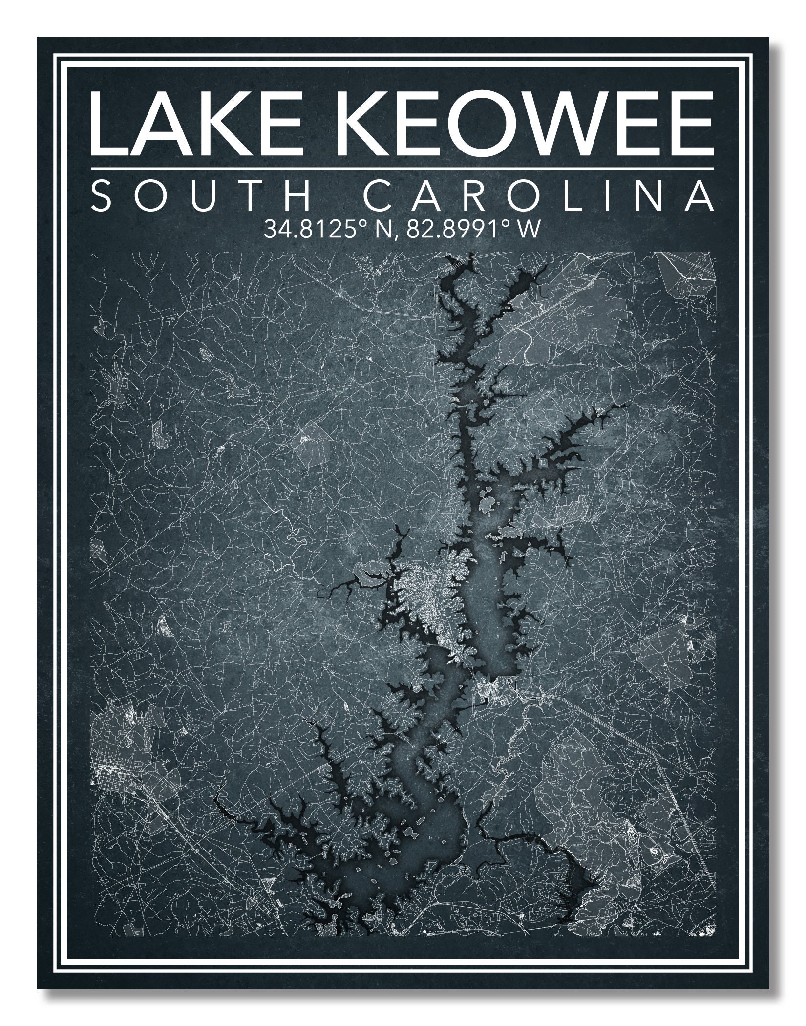 Wall Art Map Print of Lake Keowee South Carolina Etsy