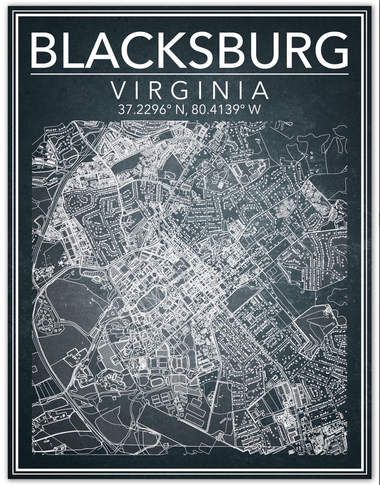 Wall Art Map Print Blacksburg Virginia Etsy