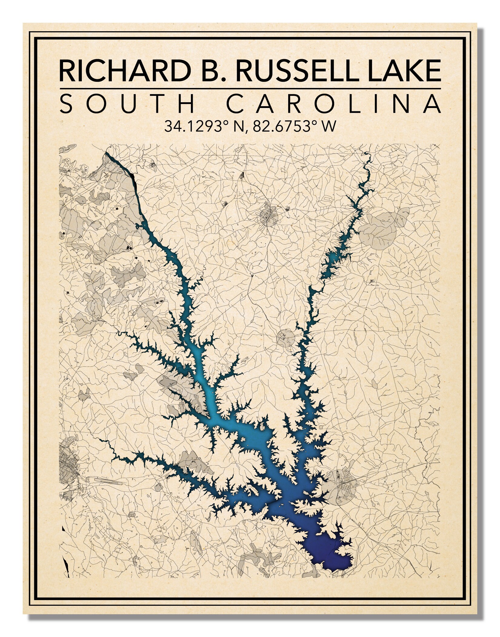 Wall Art Map Print of Richard B. Russell Lake South Carolina - Etsy