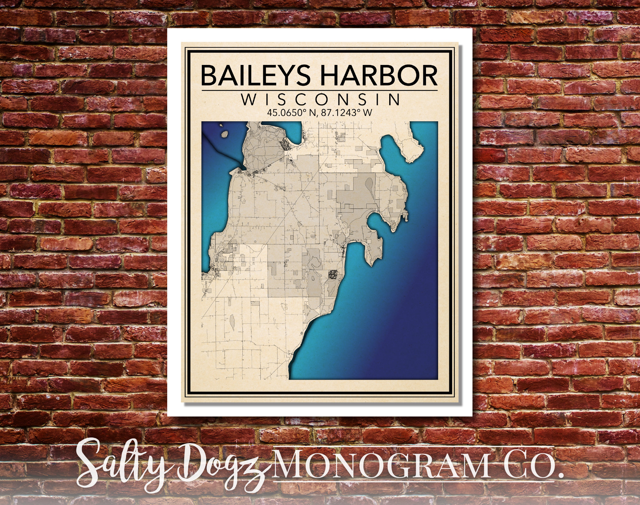 Wall Art Map Print of Baileys Harbor Wisconsin Etsy