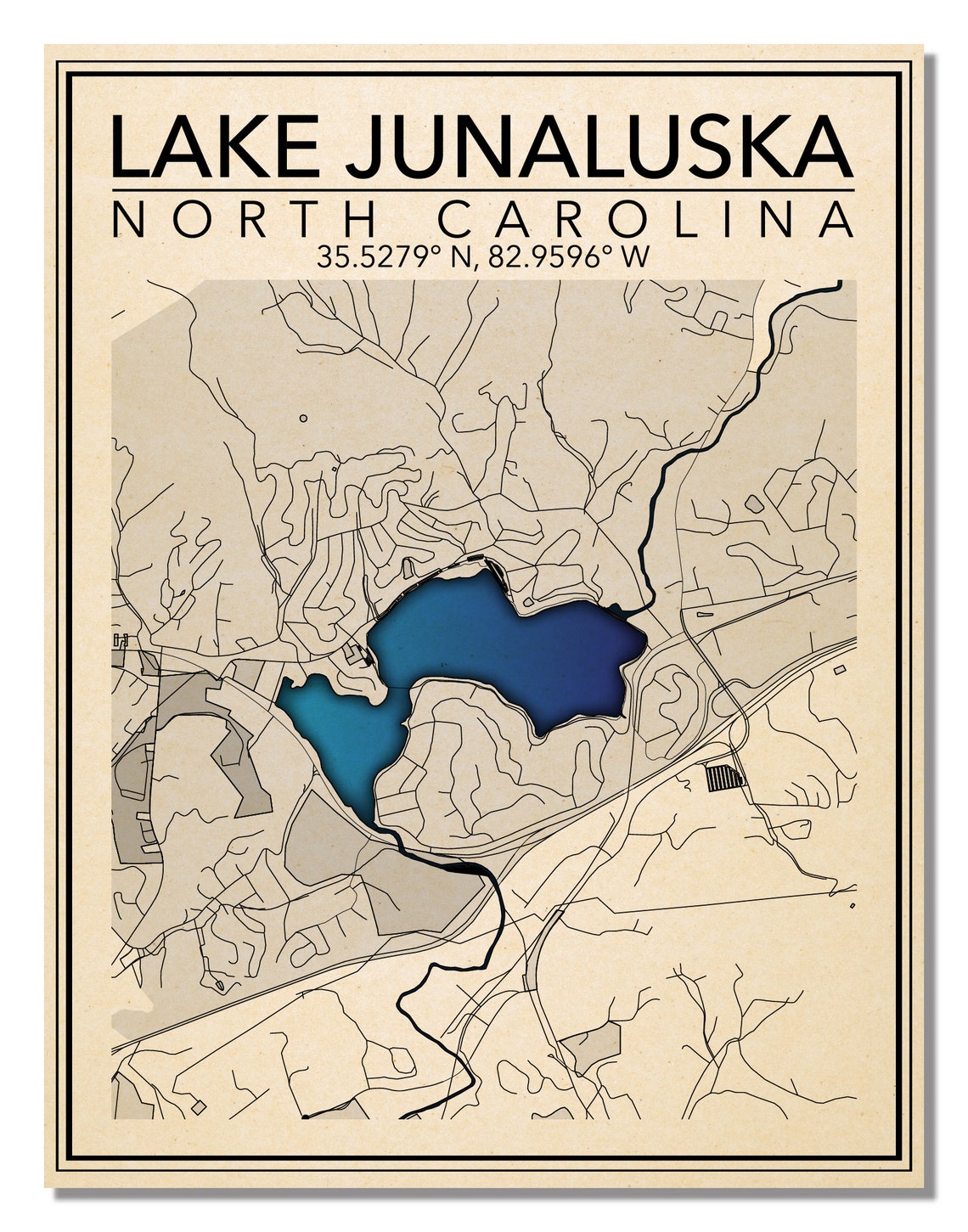 Wall Art Map Print Lake Junaluska NC Etsy