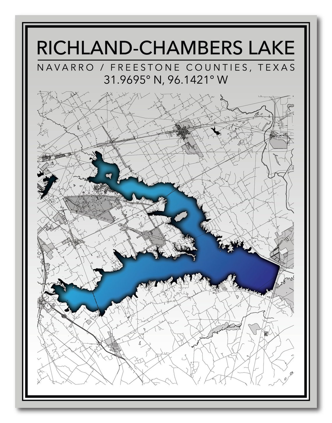 Wall Art Map Print of RichlandChambers Reservoir Eureka Etsy