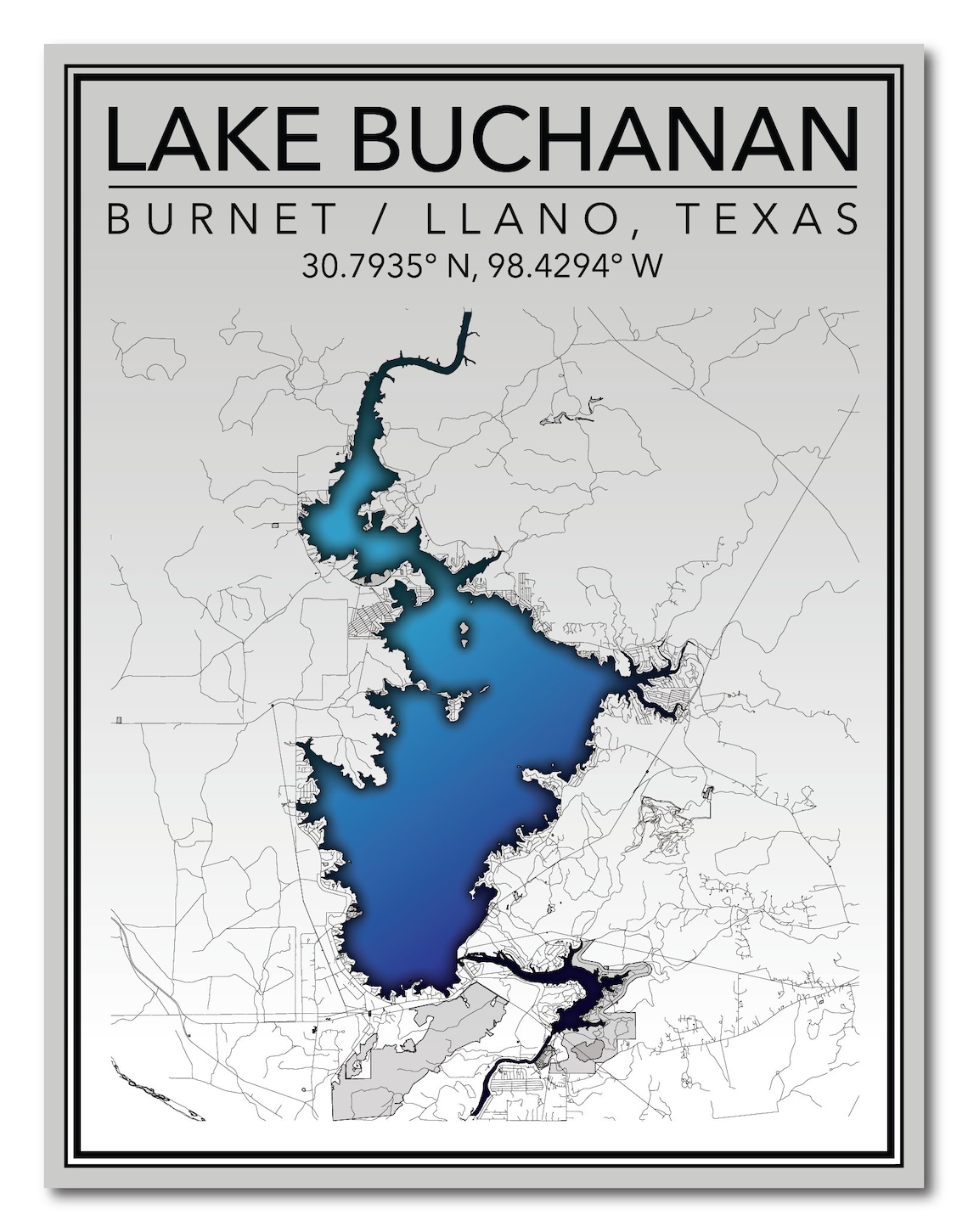 Wall Art Map Print of Lake Buchanan County Texas Etsy