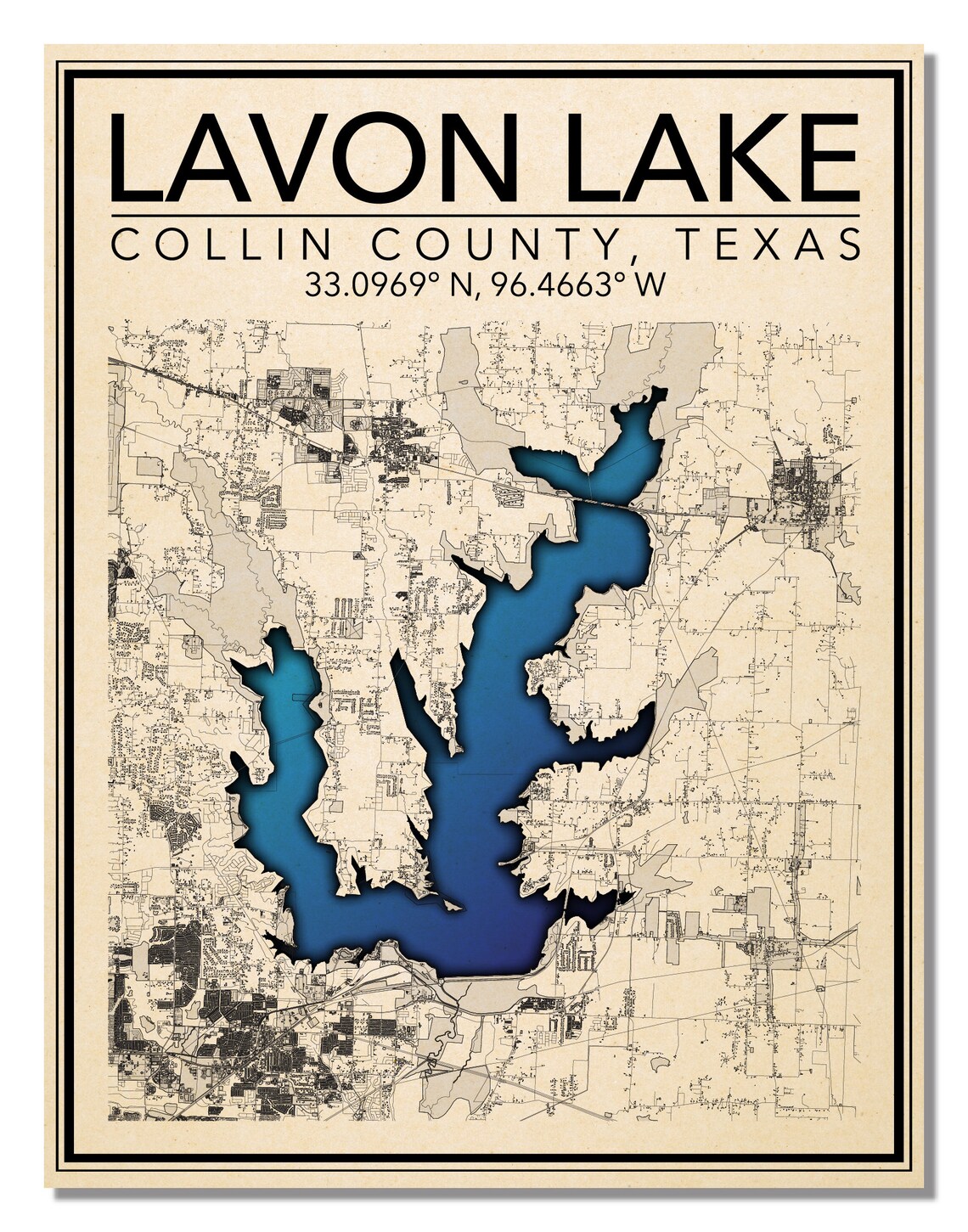 Wall Art Map Print of Lavon Lake Wylie Collin County Texas Etsy