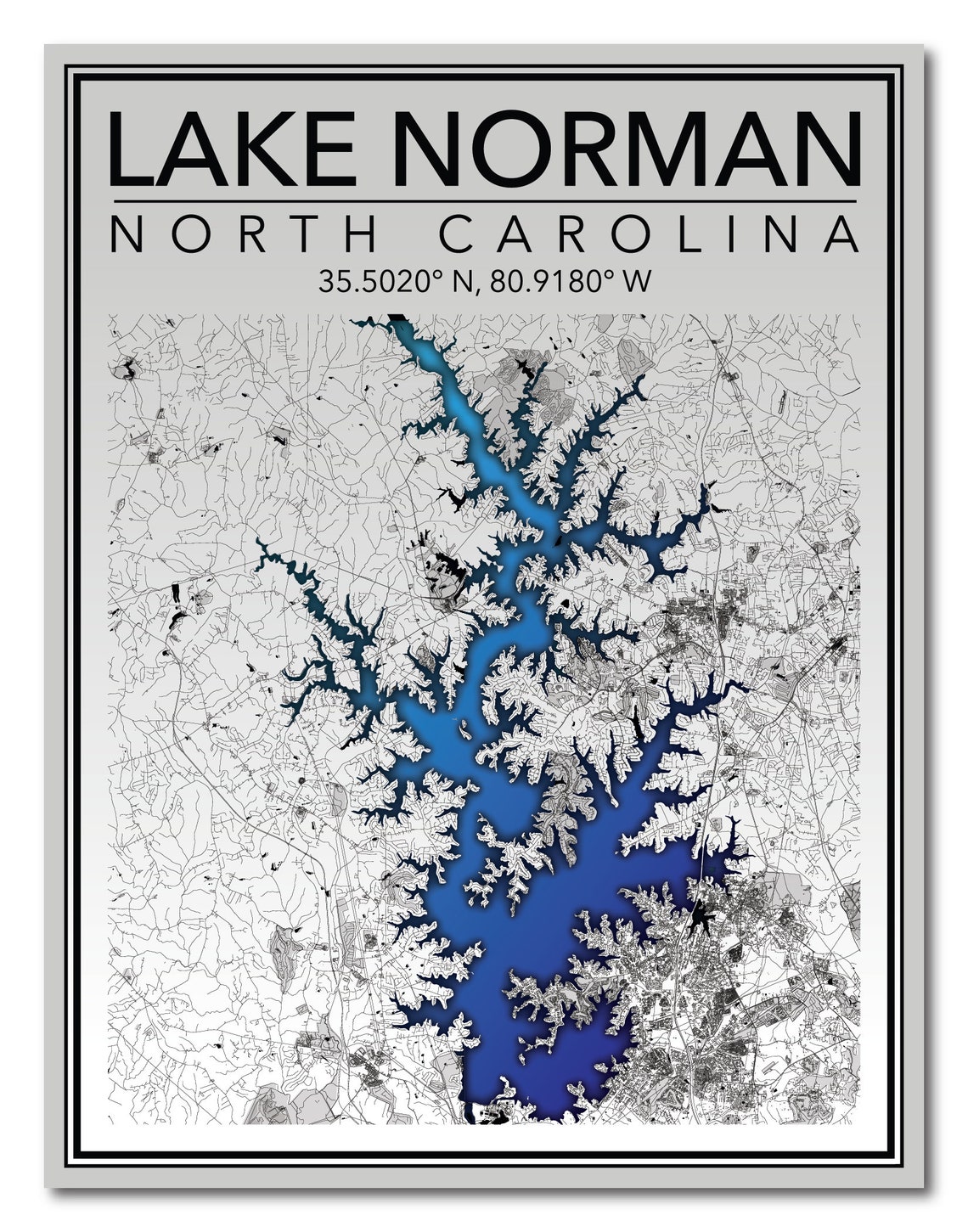Wall Art Map Print of Lake Norman North Carolina - Etsy