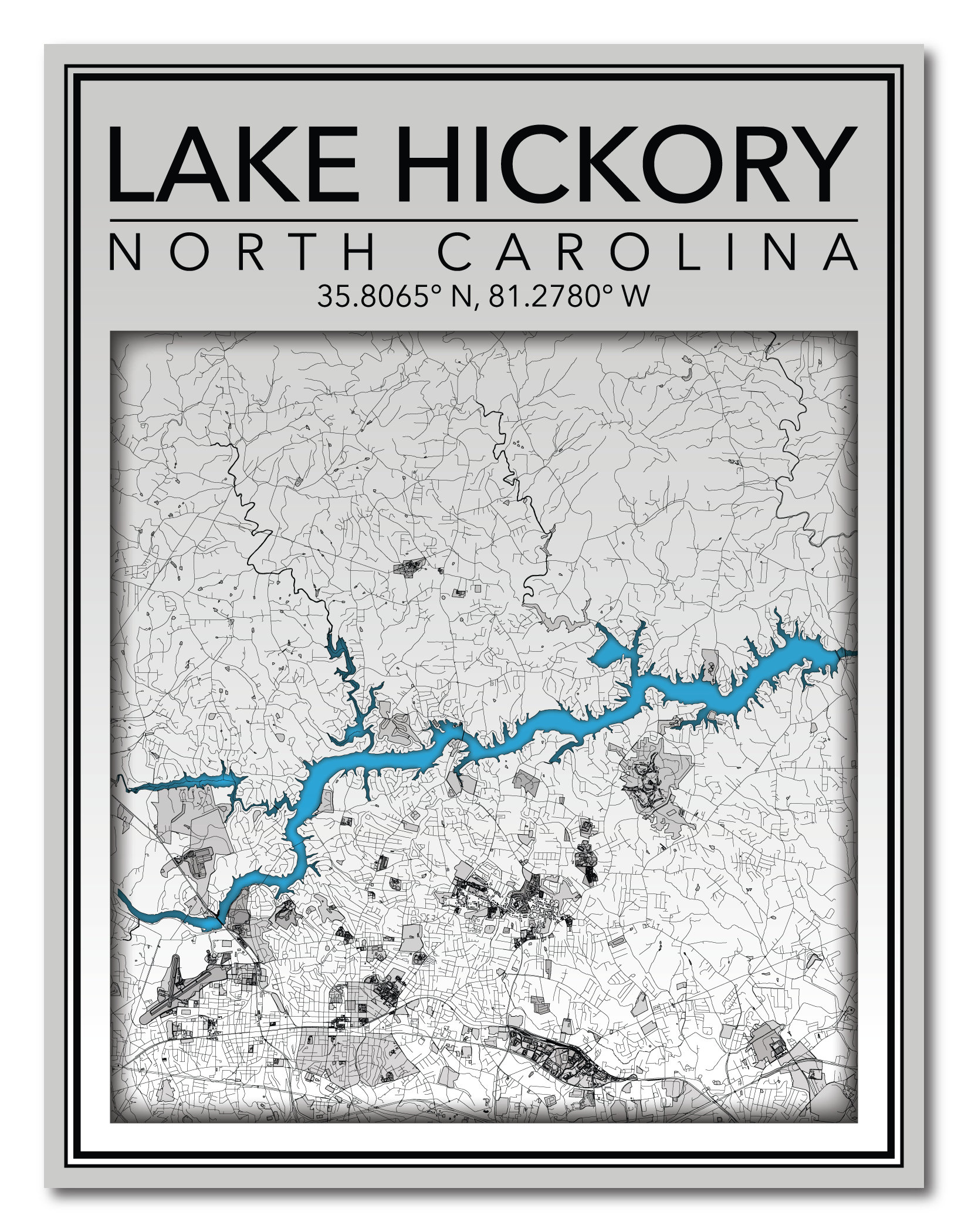 Wall Art Map Print of Lake Hickory North Carolina Etsy