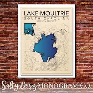 Wall Art Map Print of Lake Moultrie, South Carolina!