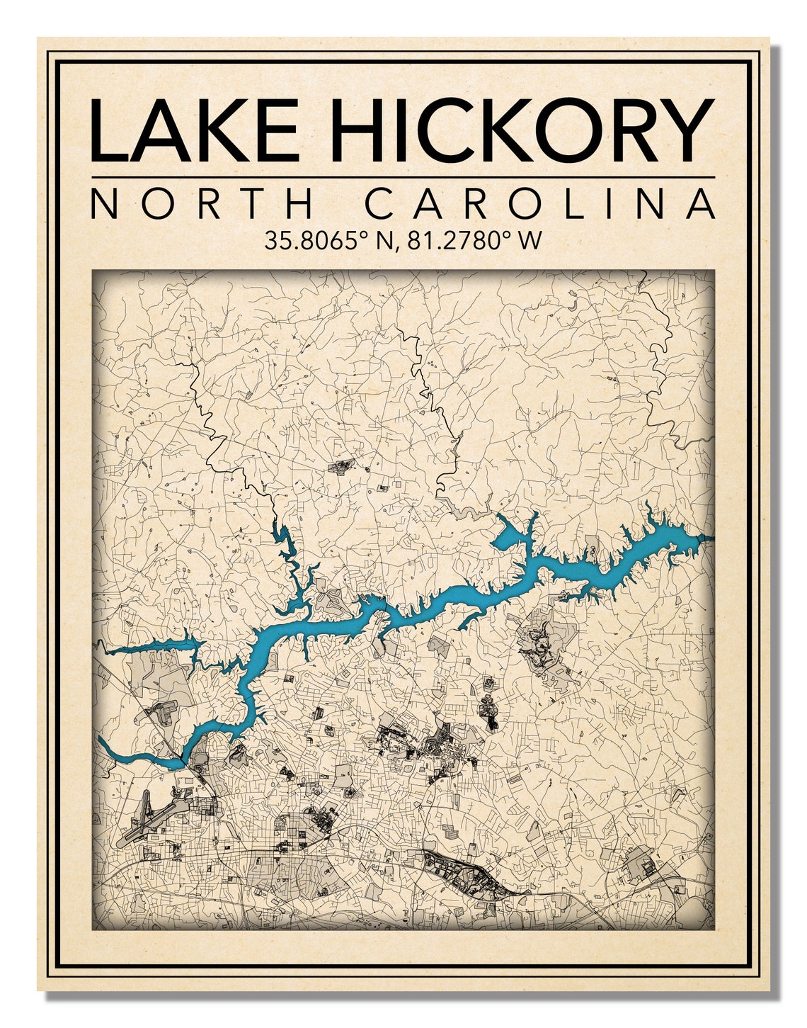 Wall Art Map Print of Lake Hickory North Carolina Etsy