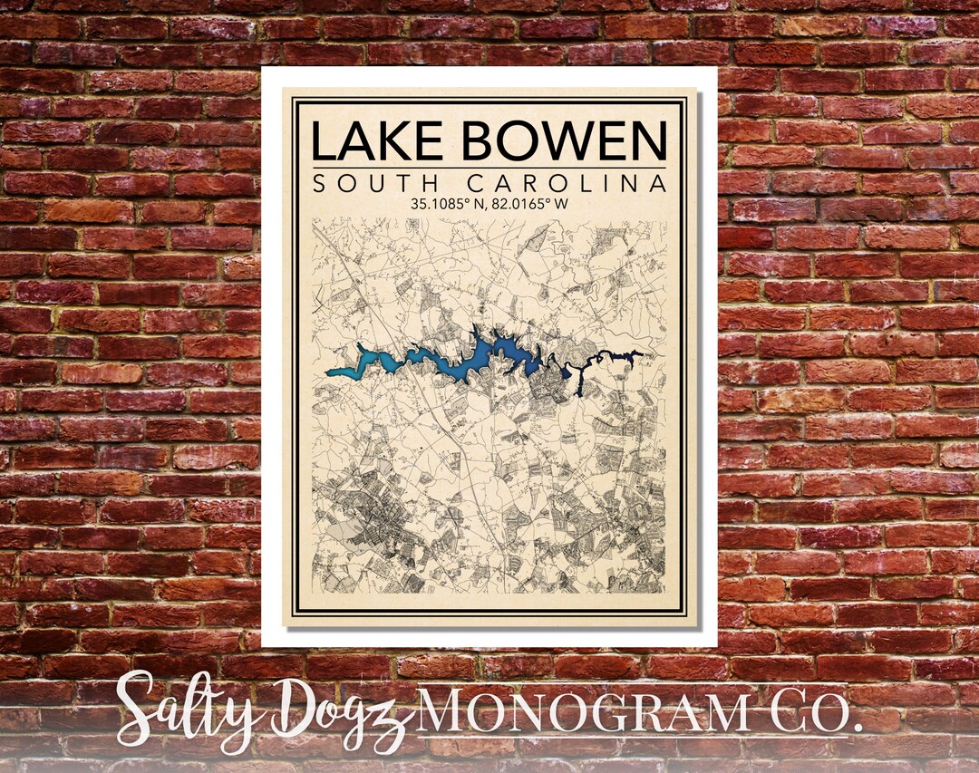 Wall Art Map Print of Lake Bowen South Carolina Etsy