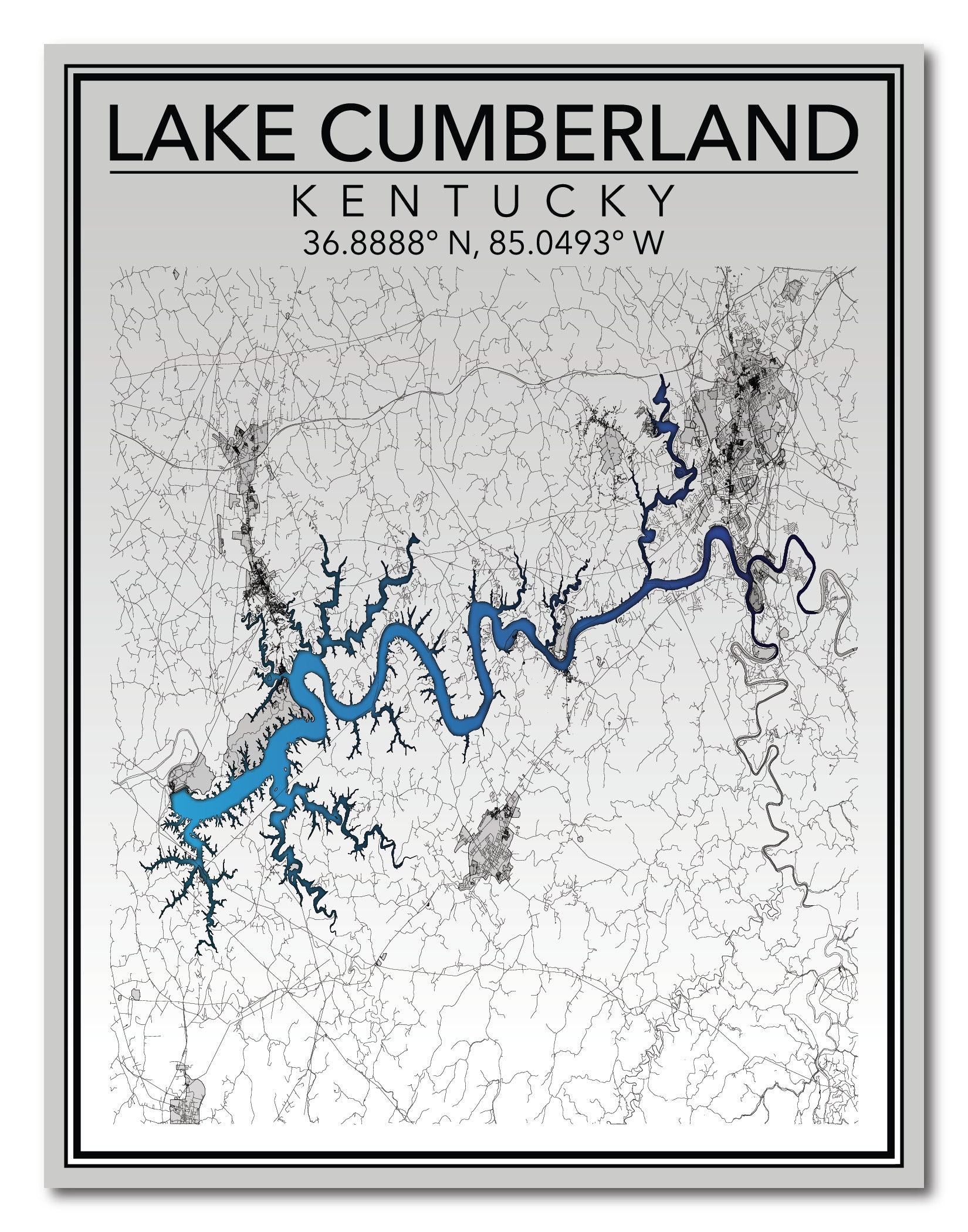 Wall Art Map Print of Lake Cumberland Kentucky