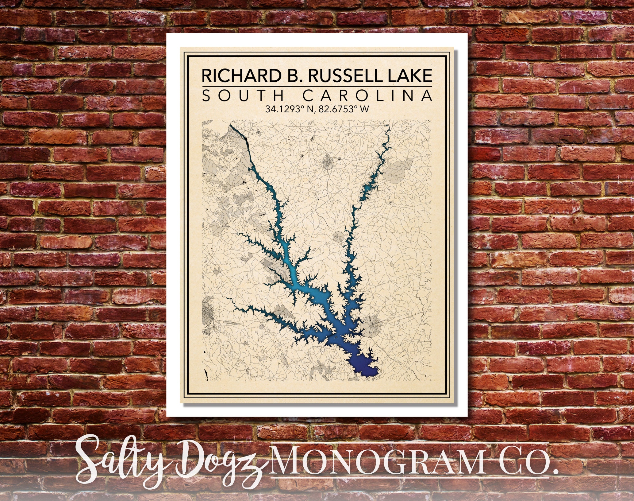 Wall Art Map Print of Richard B. Russell Lake South Carolina - Etsy