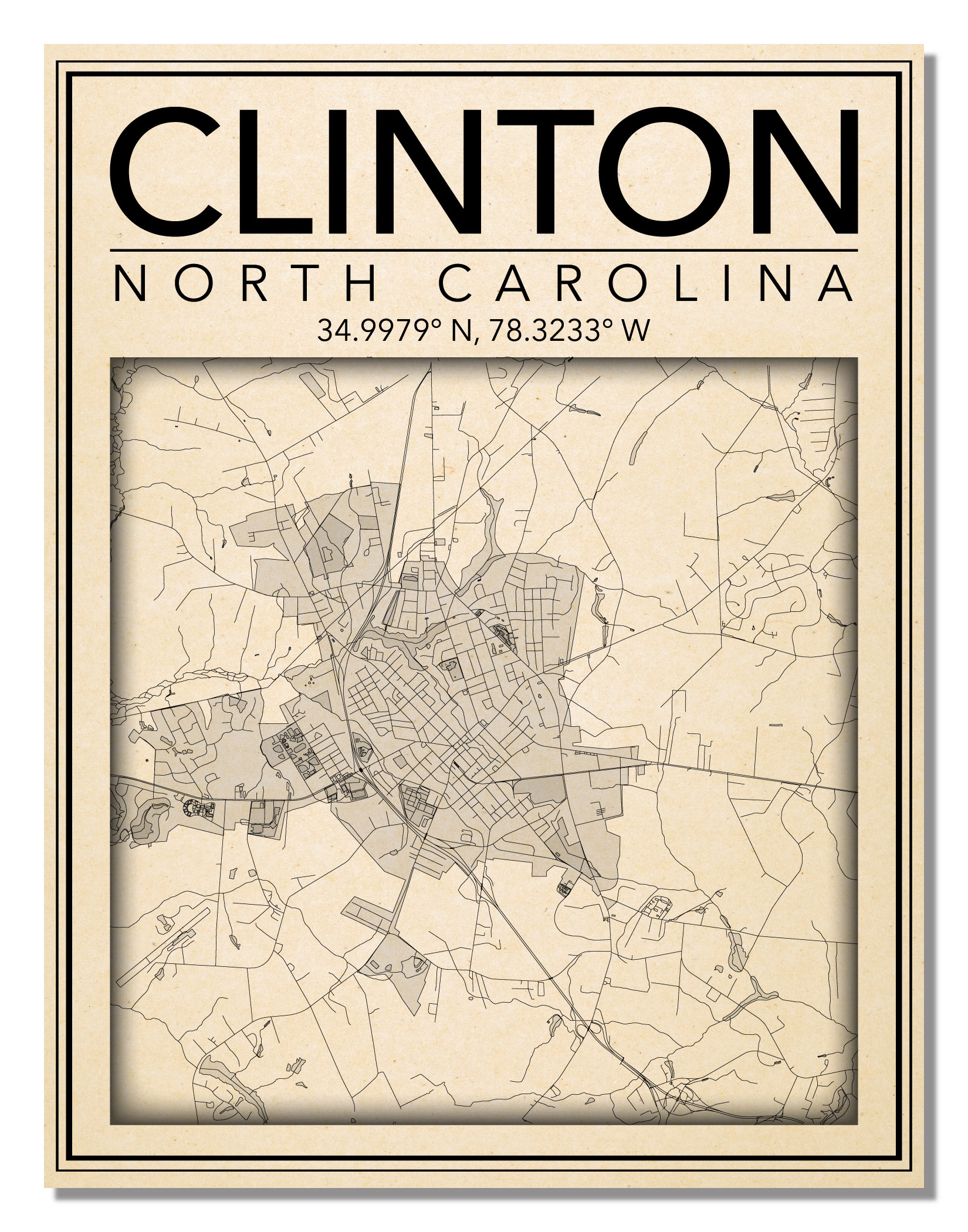 Wall Art Map Print of Clinton North Carolina Etsy