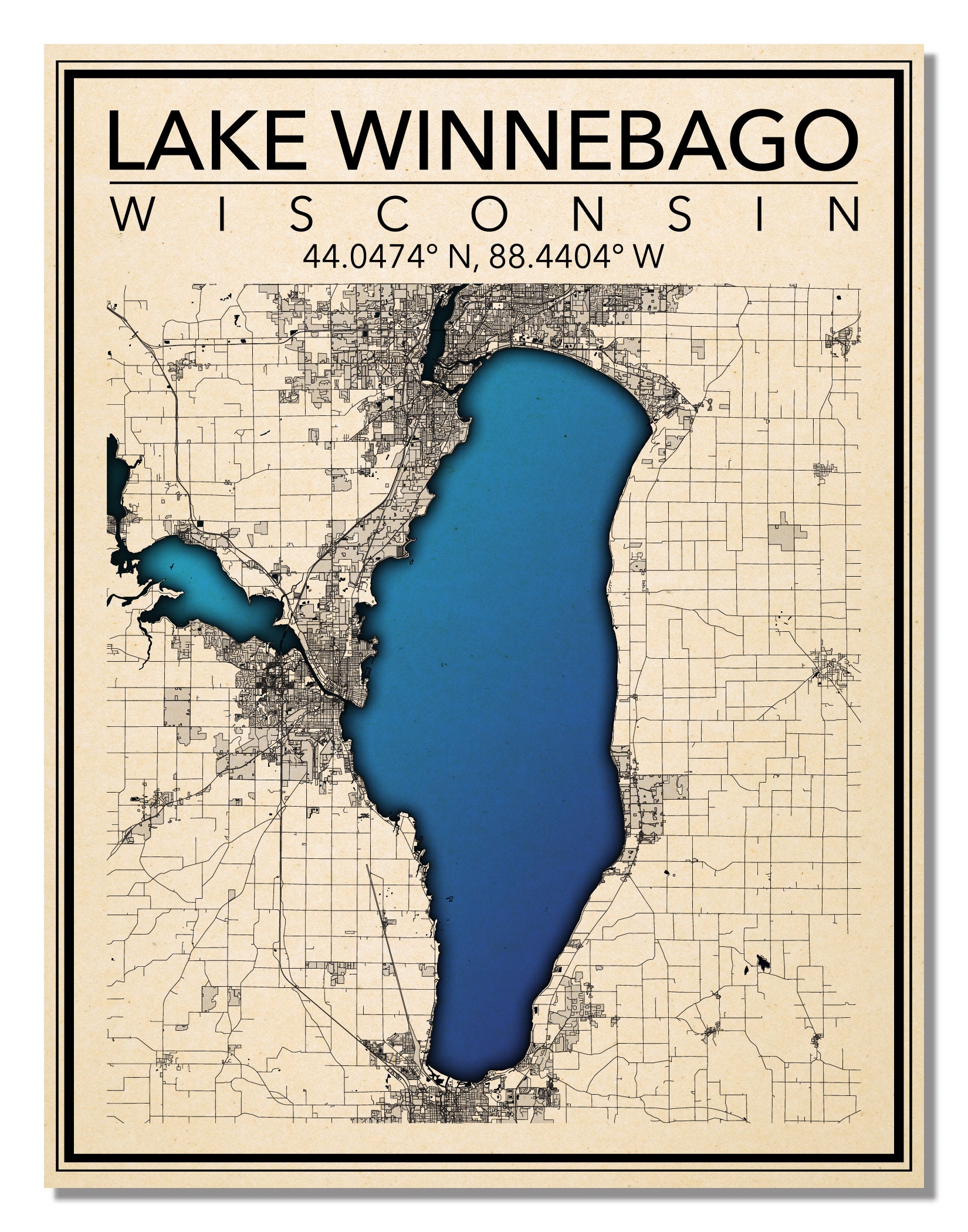 Wall Art Map Print of Lake Winnebago Wisconsin - Etsy