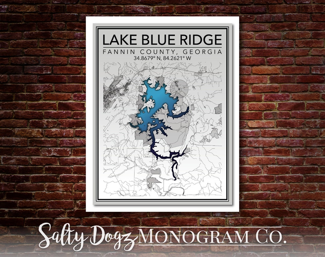 Wall Art Map Print of Lake Blue Ridge, Morganton, Fannin County ...
