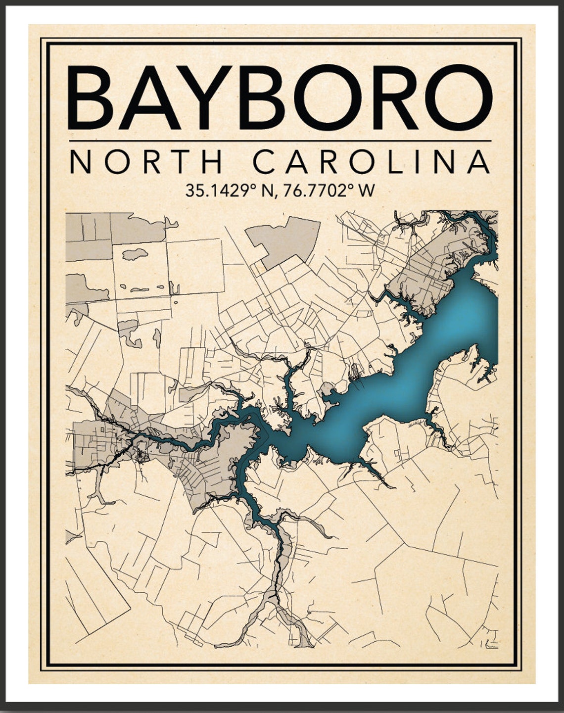 Wall Art Map Print Bayboro North Carolina Etsy