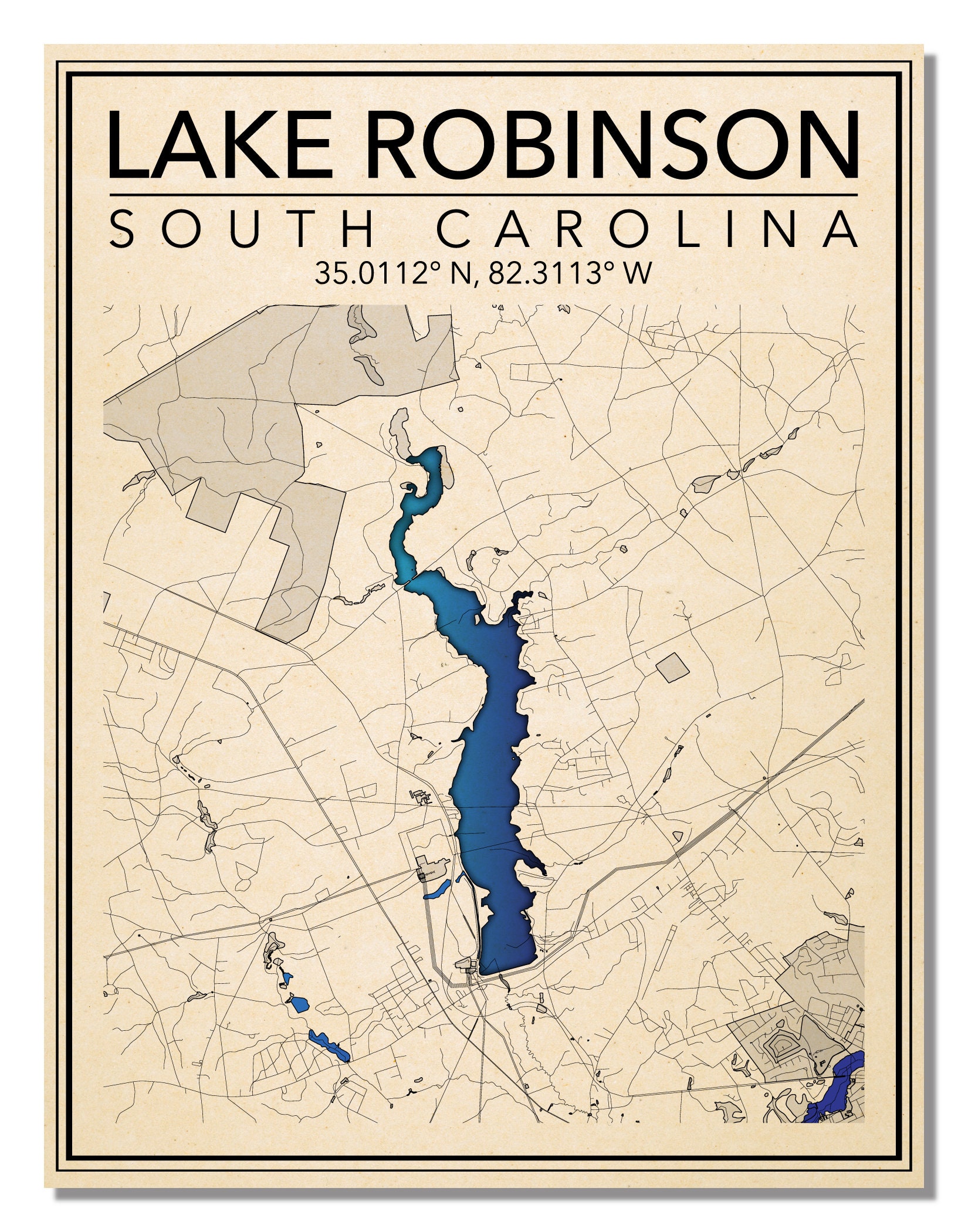 Wall Art Map Print of Lake Robinson South Carolina Etsy