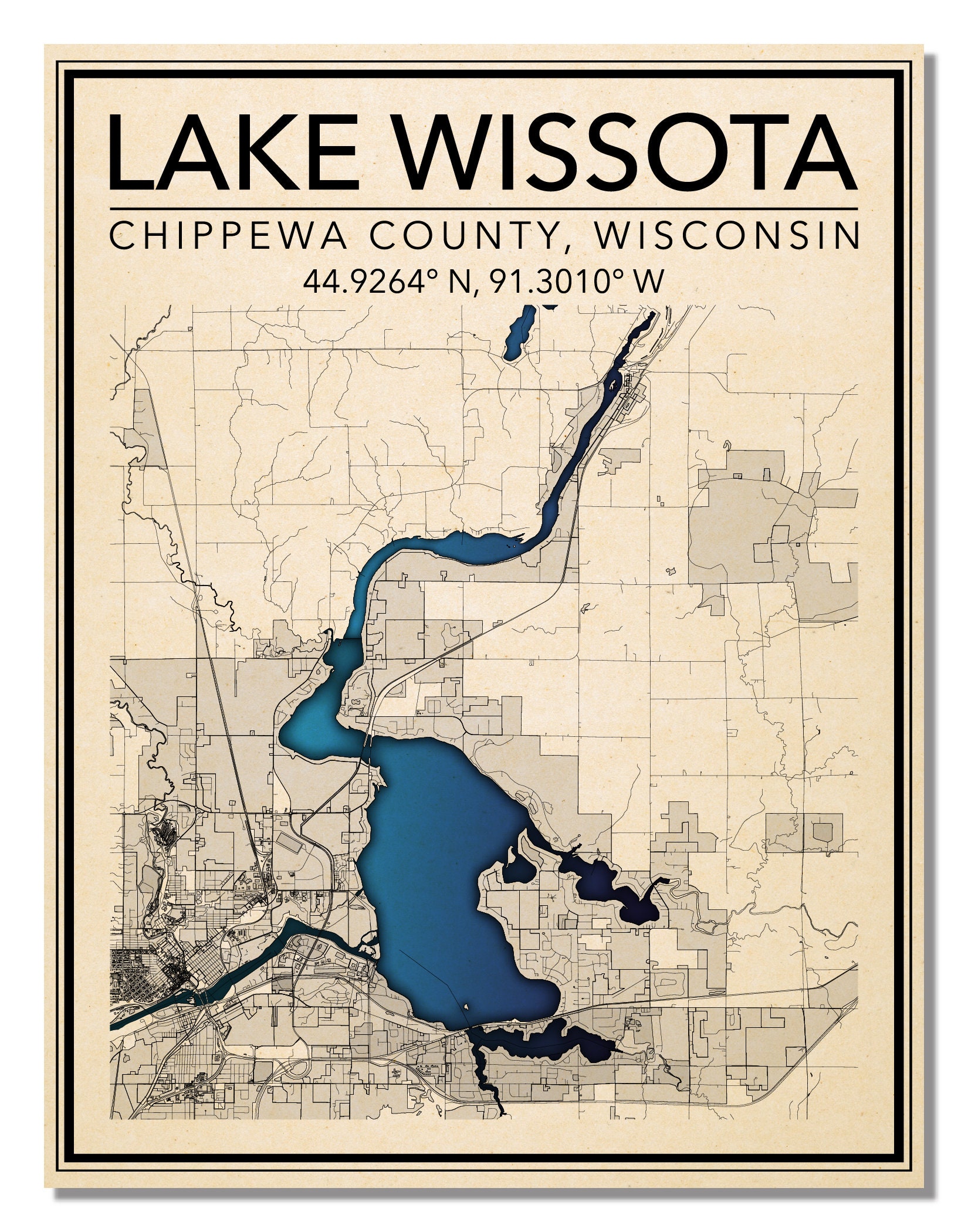 Wall Art Map Print of Lake Wissota, Town of Lafayette, Chippewa County