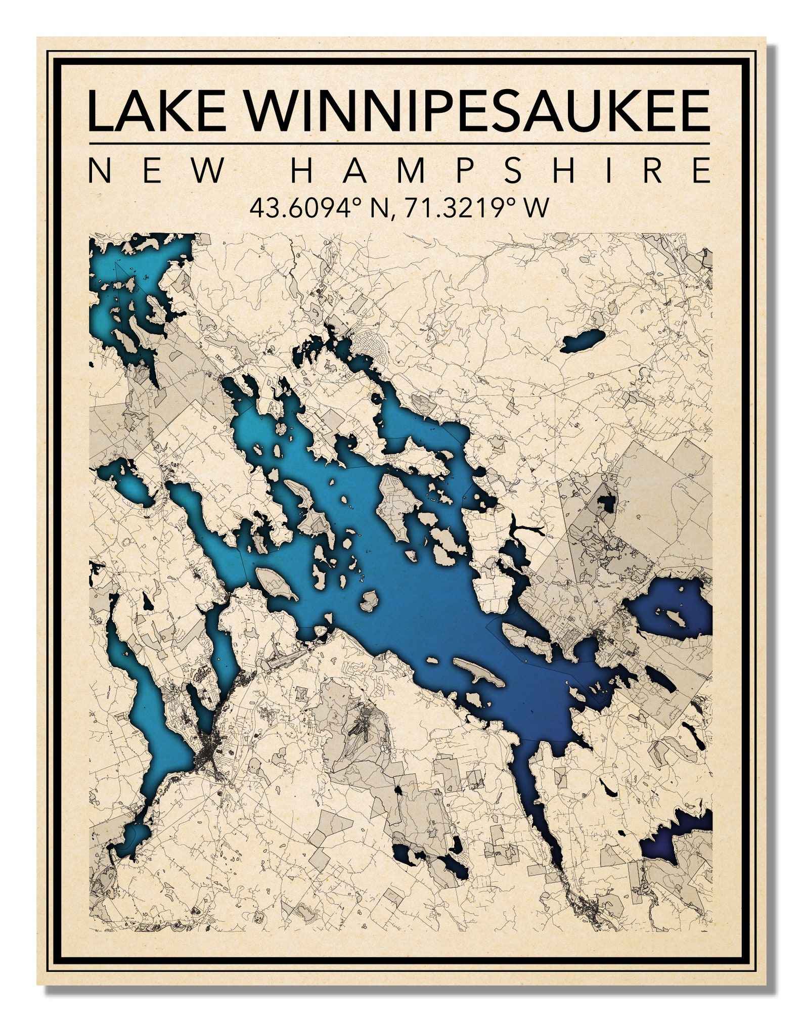 Wall Art Map Print of Lake Winnipesaukee Meredith Belknap | Etsy