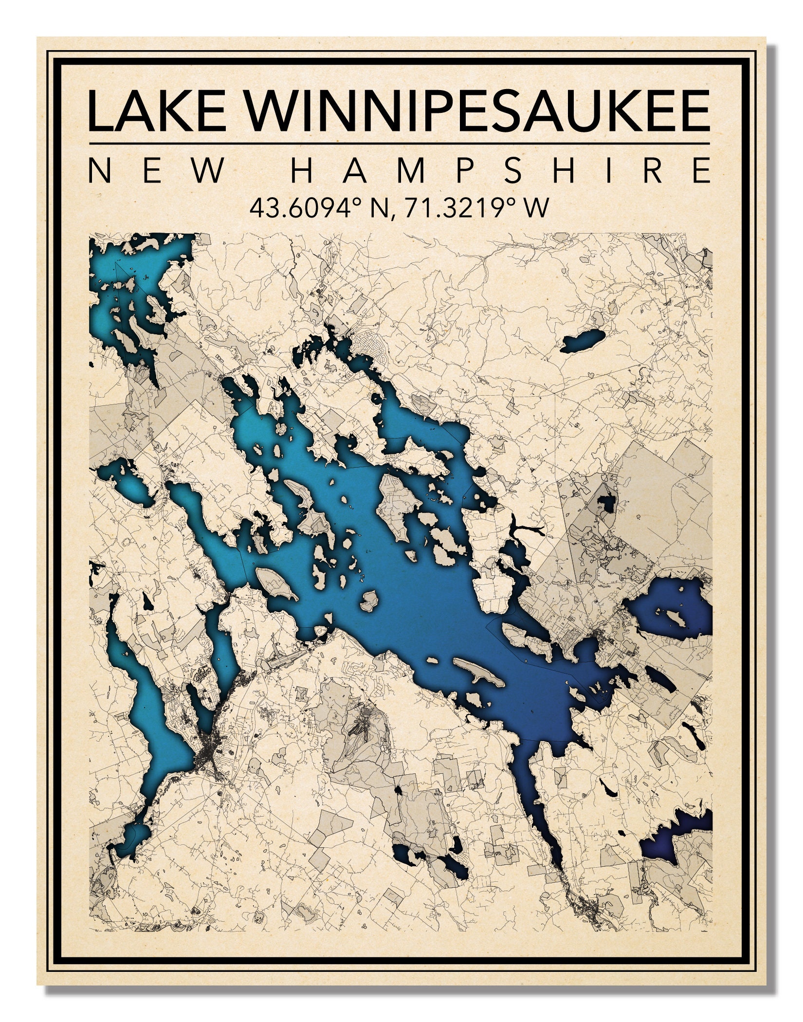 Wall Art Map Print of Lake Winnipesaukee Meredith Belknap | Etsy