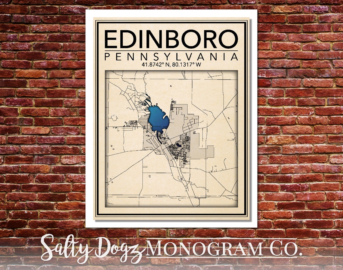 Wall Art Map Print of Edinboro Pennsylvania Etsy