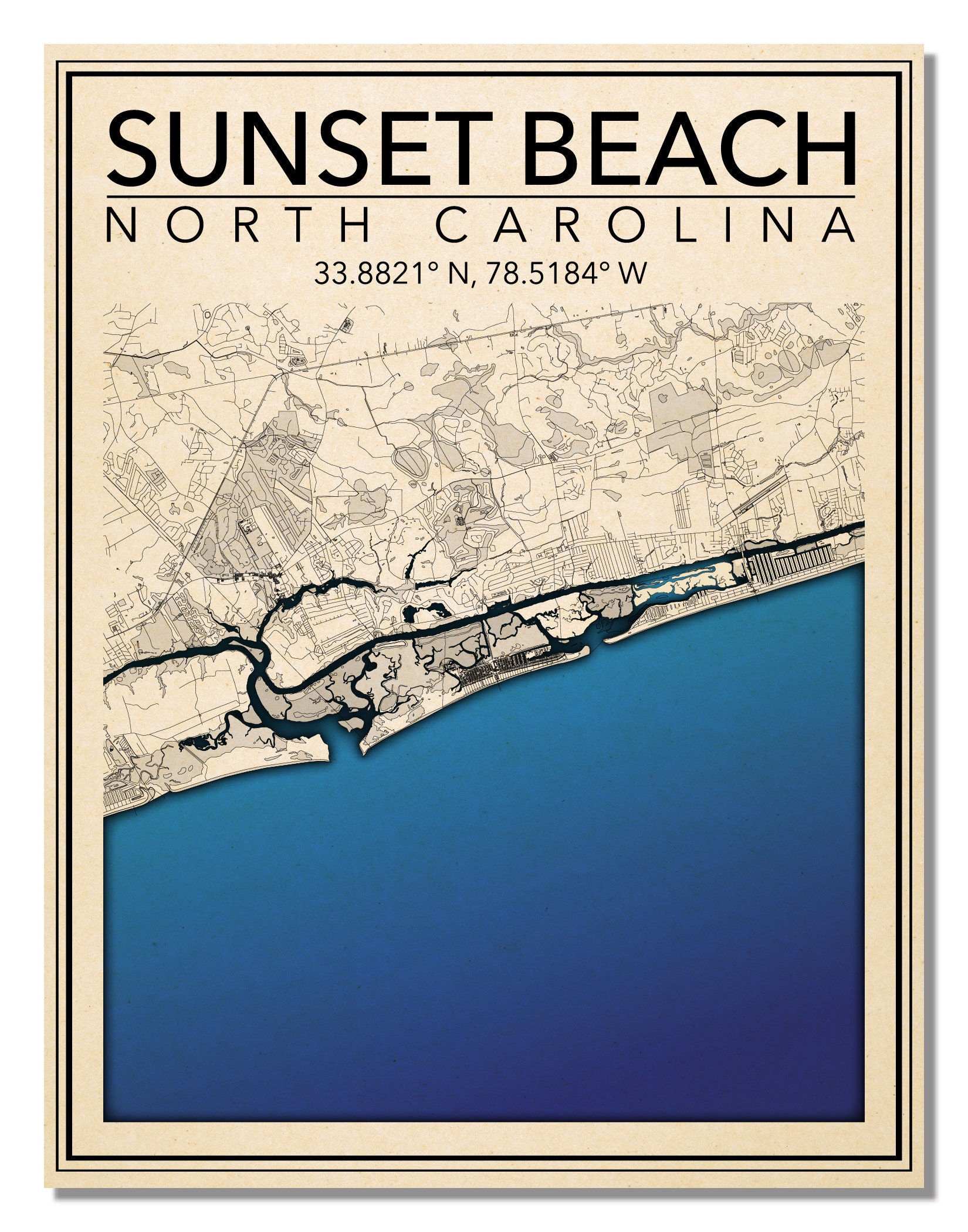 Wall Art Map Print of Sunset Beach North Carolina Etsy