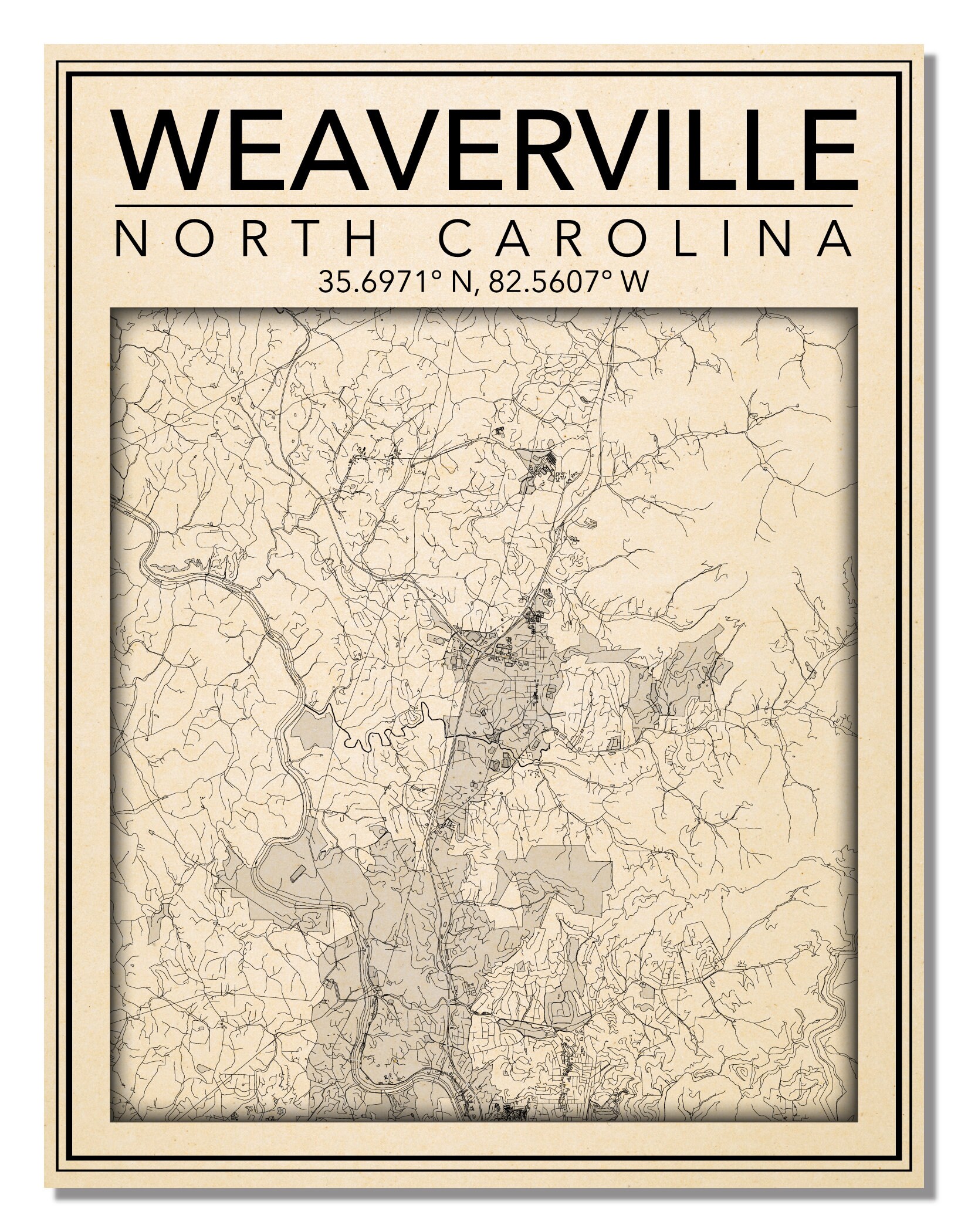 Wall Art Map Print of Weaverville NC  Etsy