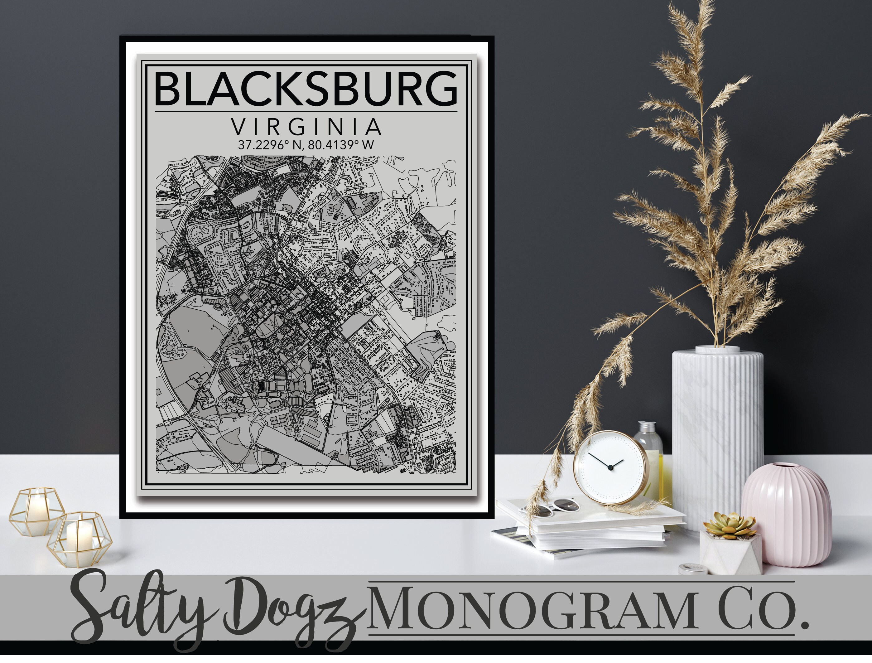 Wall Art Map Print Blacksburg Virginia | Etsy
