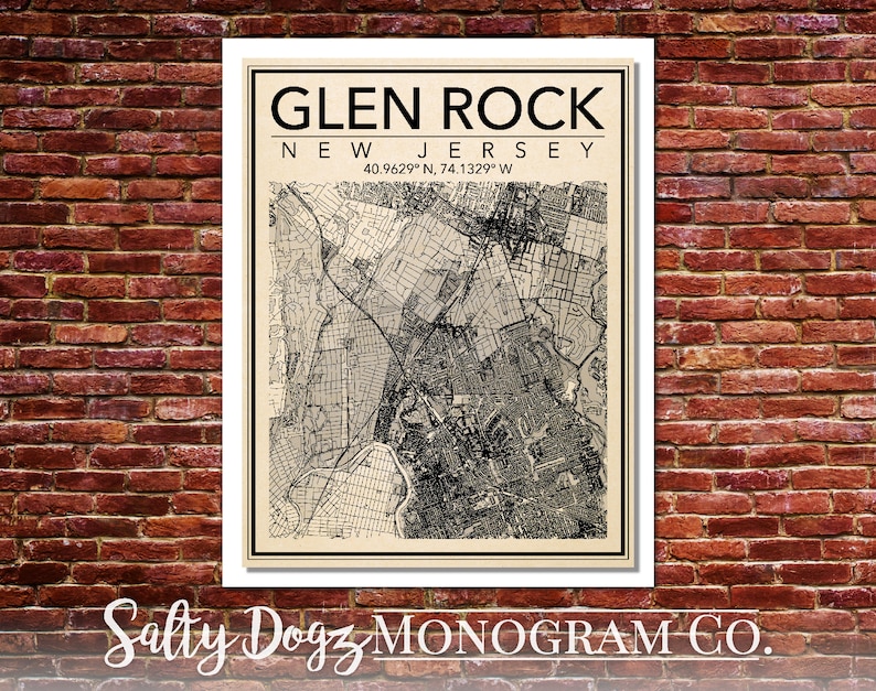 Wall Art Map Print of Glen Rock New Jersey Etsy
