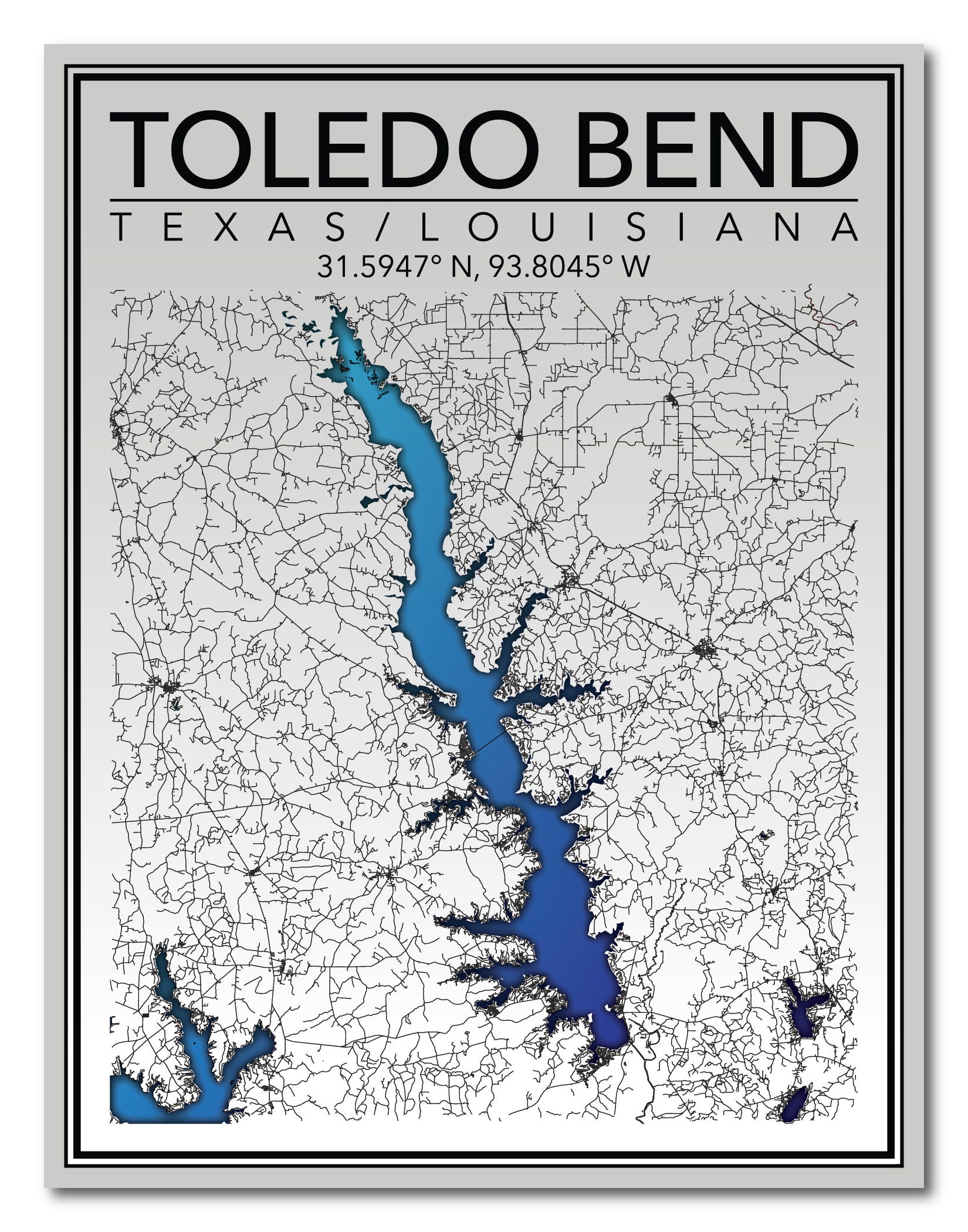 Wall Art Map Print of Toledo Bend Reservoir Texas/louisiana Etsy
