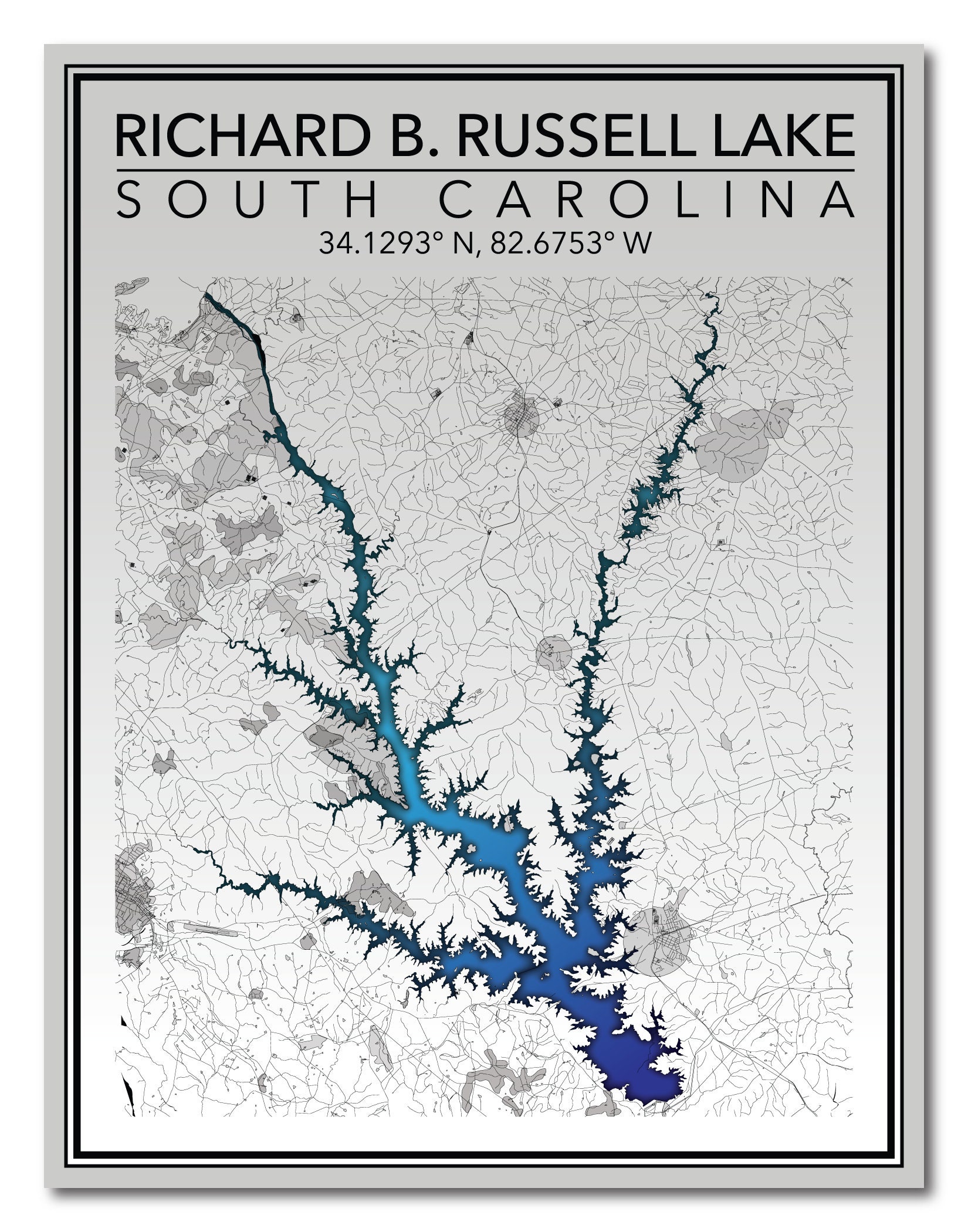 Wall Art Map Print of Richard B. Russell Lake South Carolina Etsy