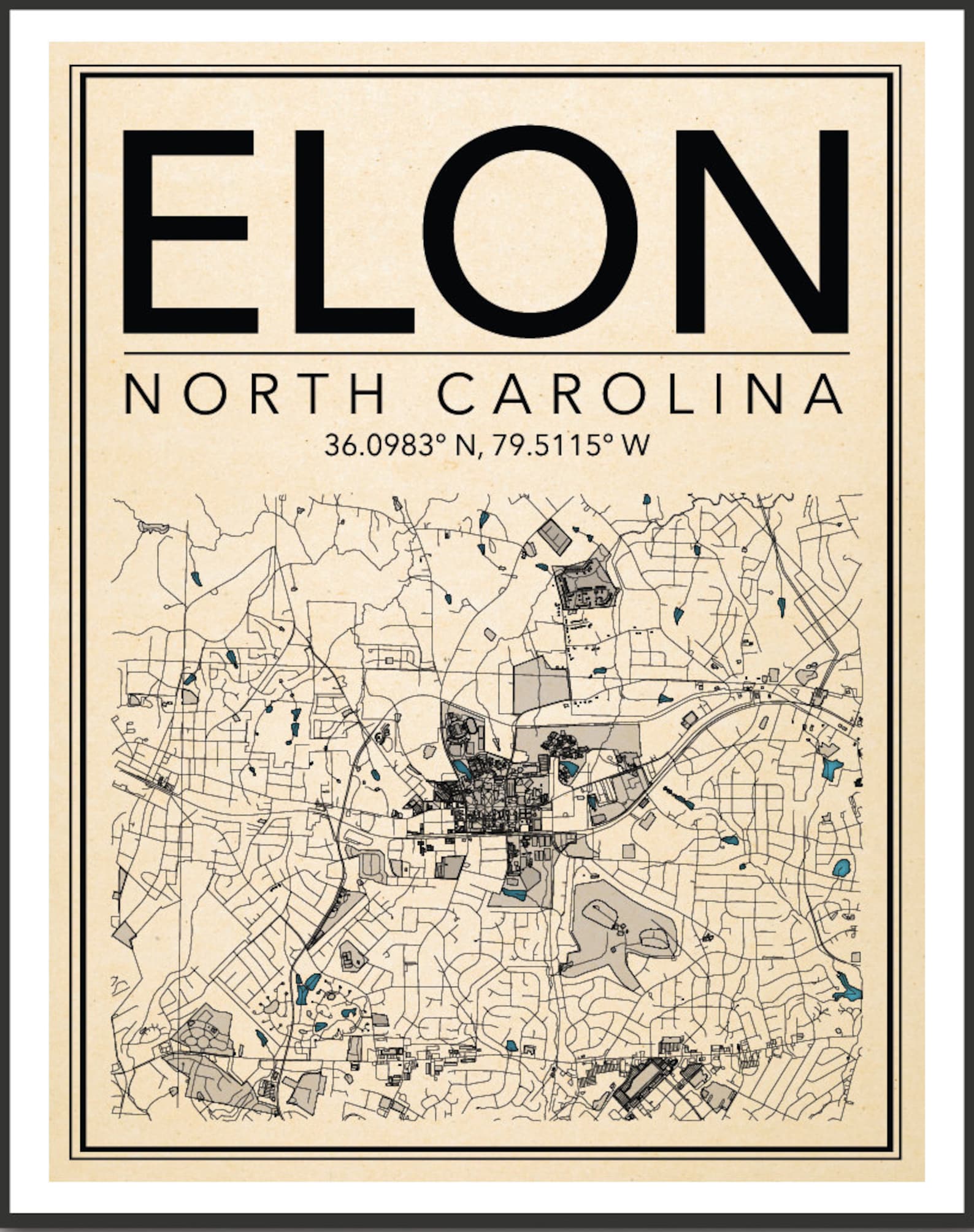 Wall Art Map Elon North Carolina - Etsy