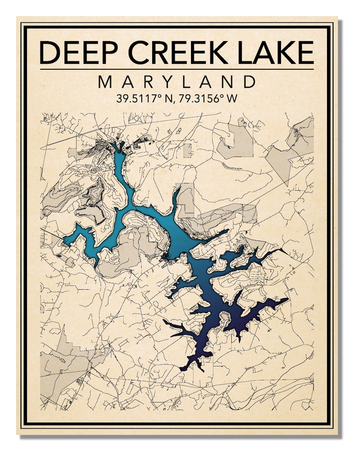Wall Art Map Print of Deep Creek Lake Maryland